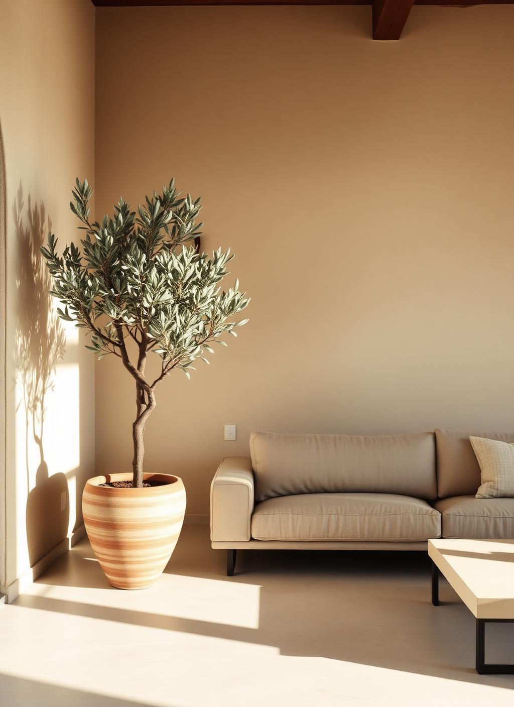 Salón mediterráneo con árbol de olivo y muros de yeso